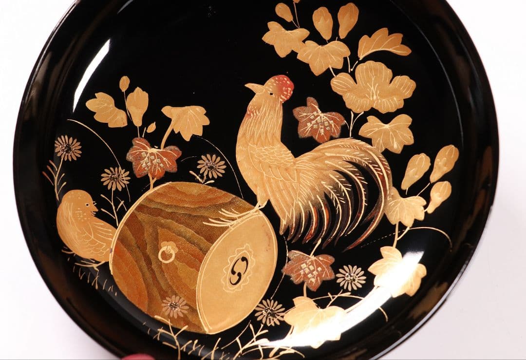 CL31 輪島塗 諫鼓鶏金蒔絵 黒塗椀 二客 木製漆器 鶏 太鼓 草花 梨地