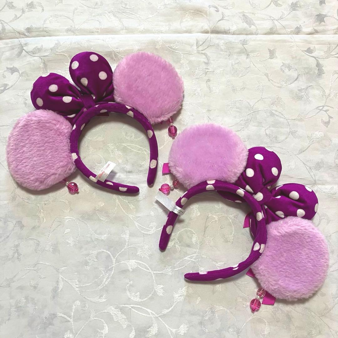 ディズニー　ミニー 水玉　イヤリング　カチューシャ　紫　2点　ラメ　ふわふわ