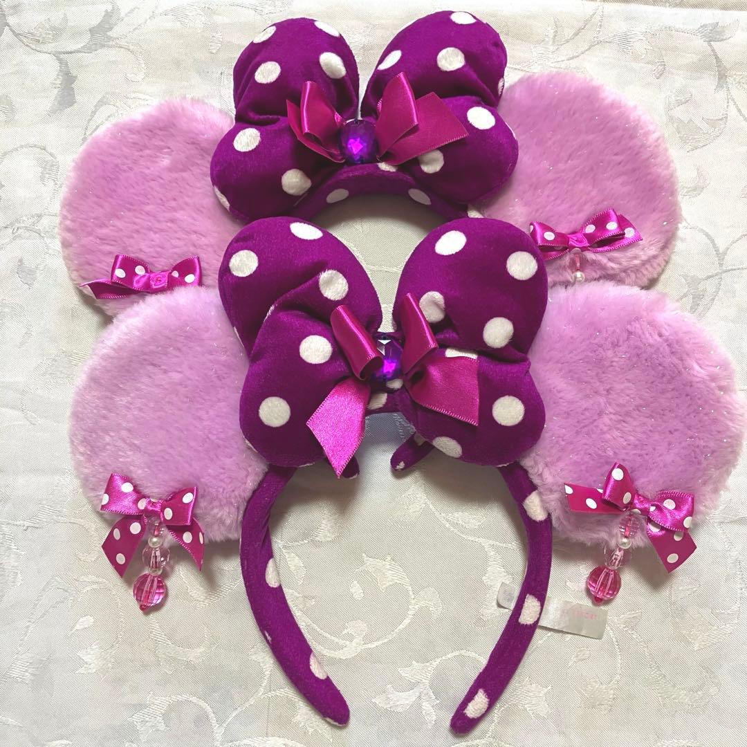 ディズニー　ミニー 水玉　イヤリング　カチューシャ　紫　2点　ラメ　ふわふわ