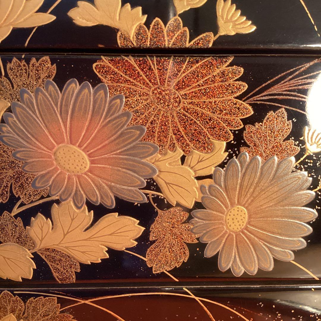 A1027 木製輪島塗　３段重箱　　「久世宗春」　草花蒔絵