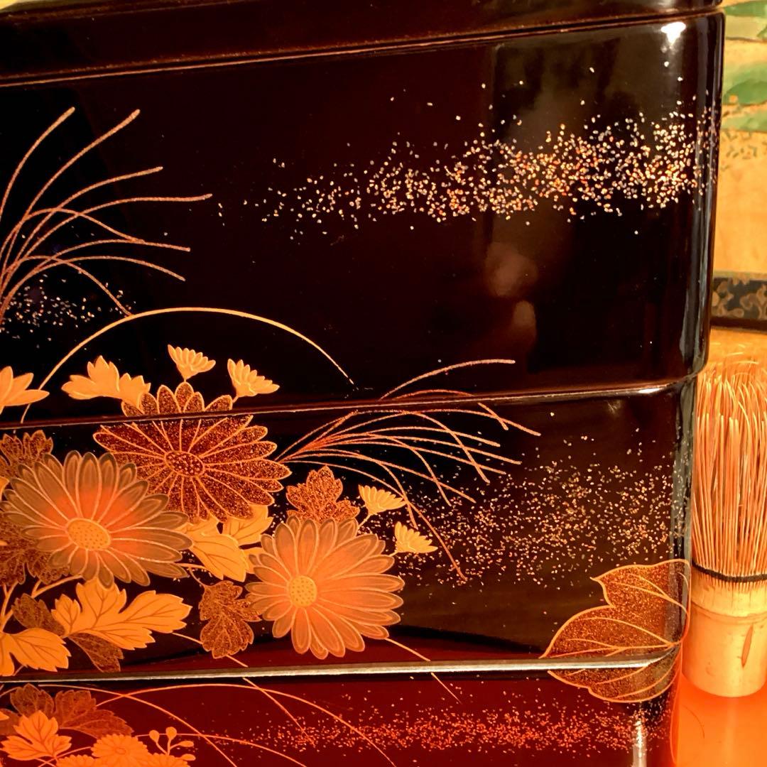 A1027 木製輪島塗　３段重箱　　「久世宗春」　草花蒔絵