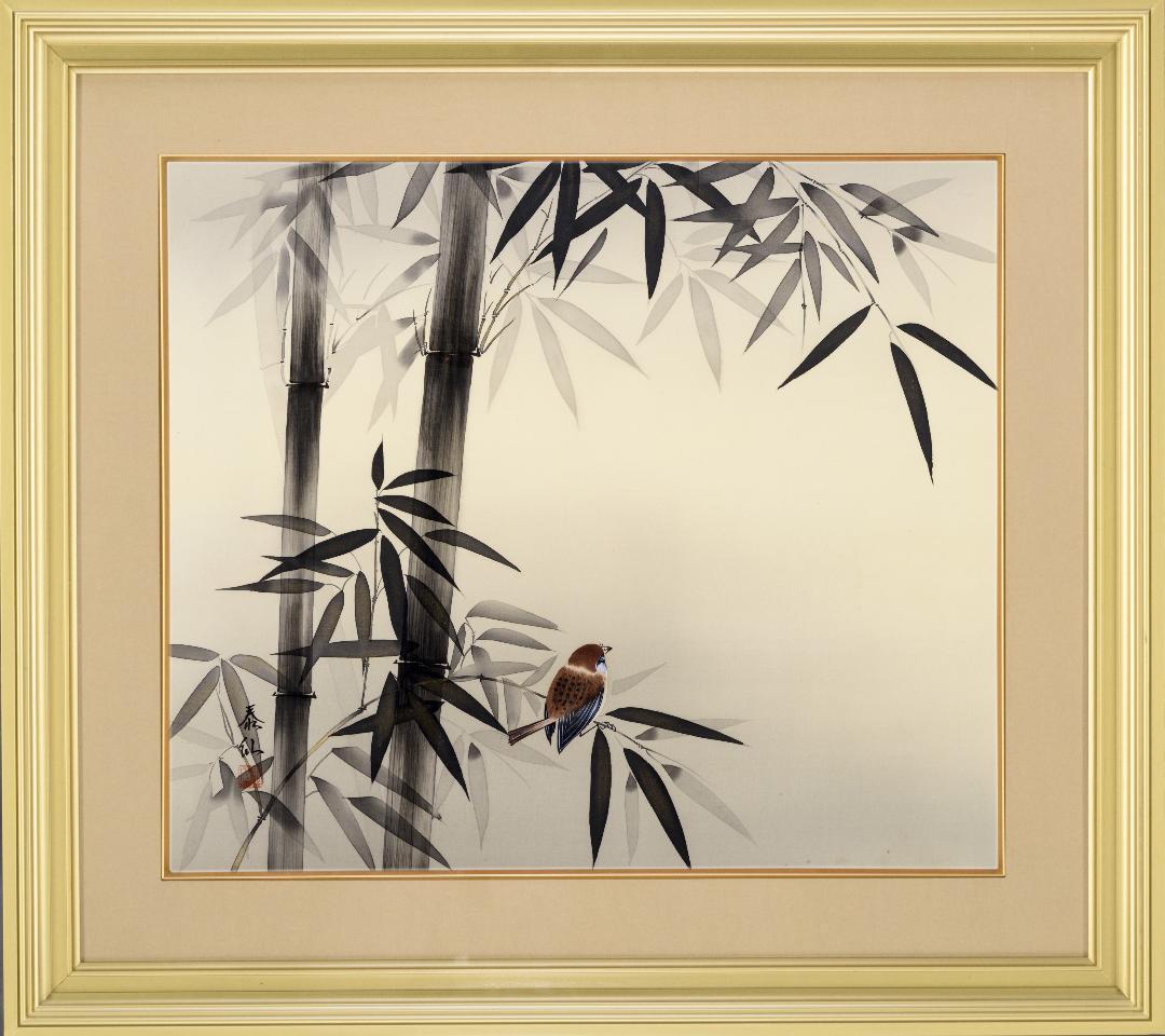 F10　肉筆水彩日本画　『雀』　高級木製額縁付属　外寸約713×638mm