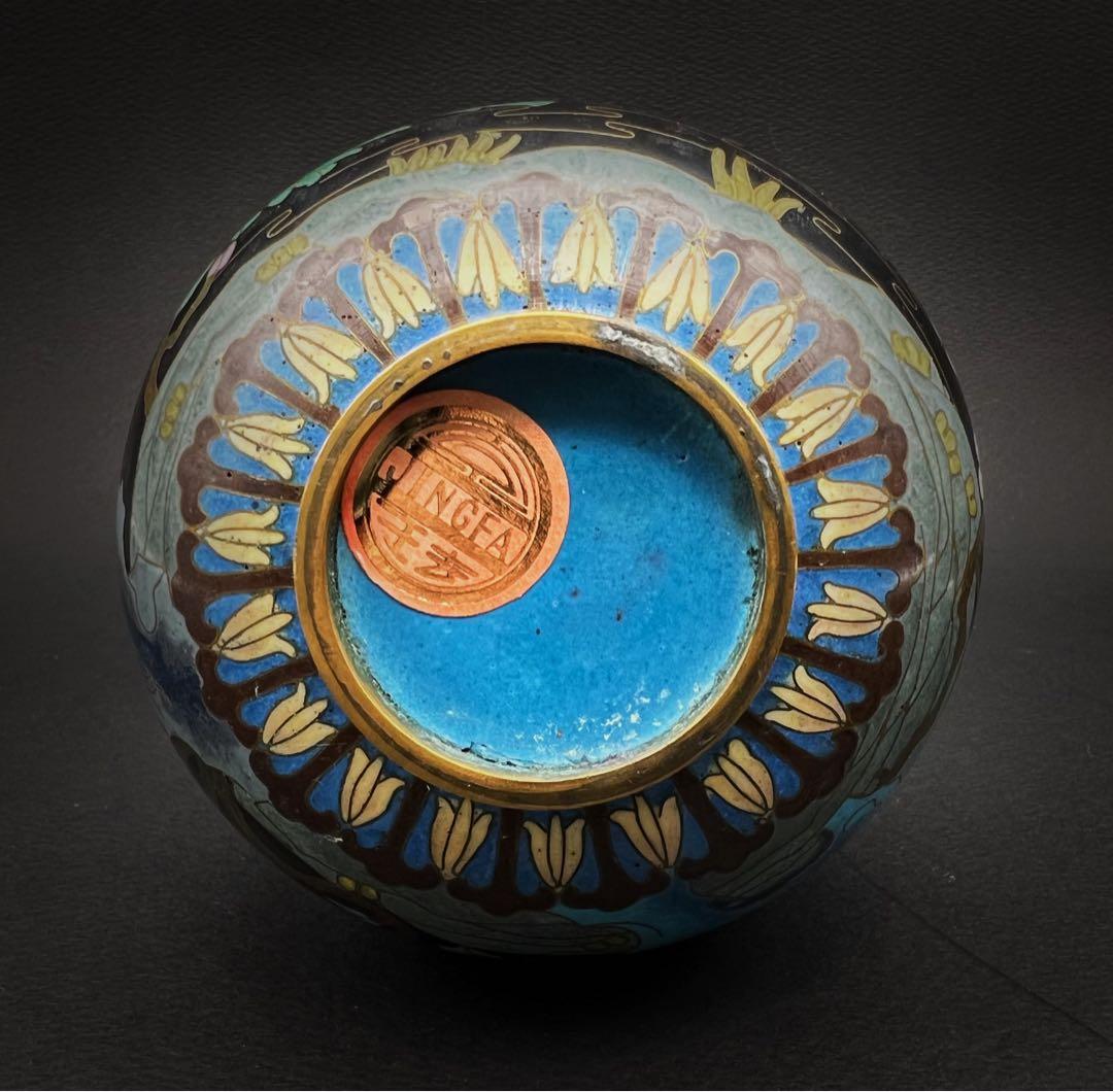 中國美術 古玩 景泰蓝 七宝焼　黒地花鳥蝶々紋様瓢箪　花器 京法造