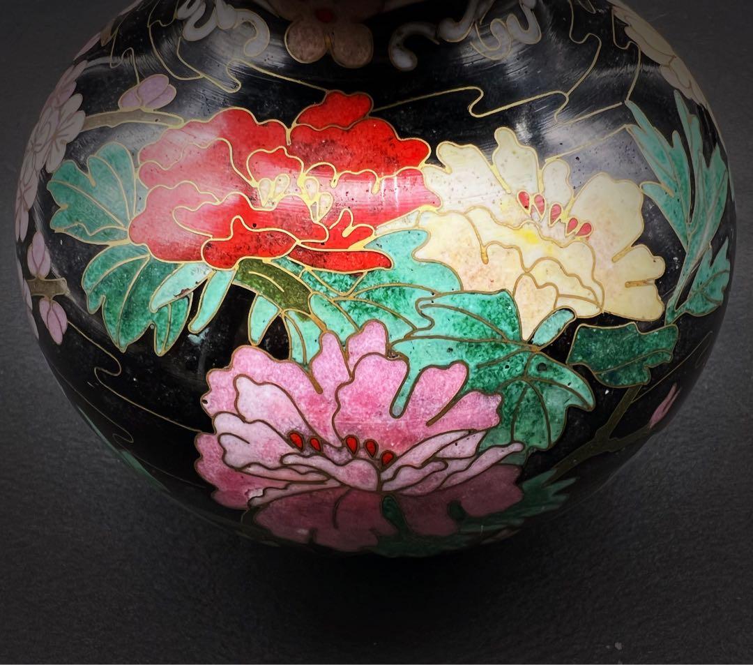 中國美術 古玩 景泰蓝 七宝焼　黒地花鳥蝶々紋様瓢箪　花器 京法造