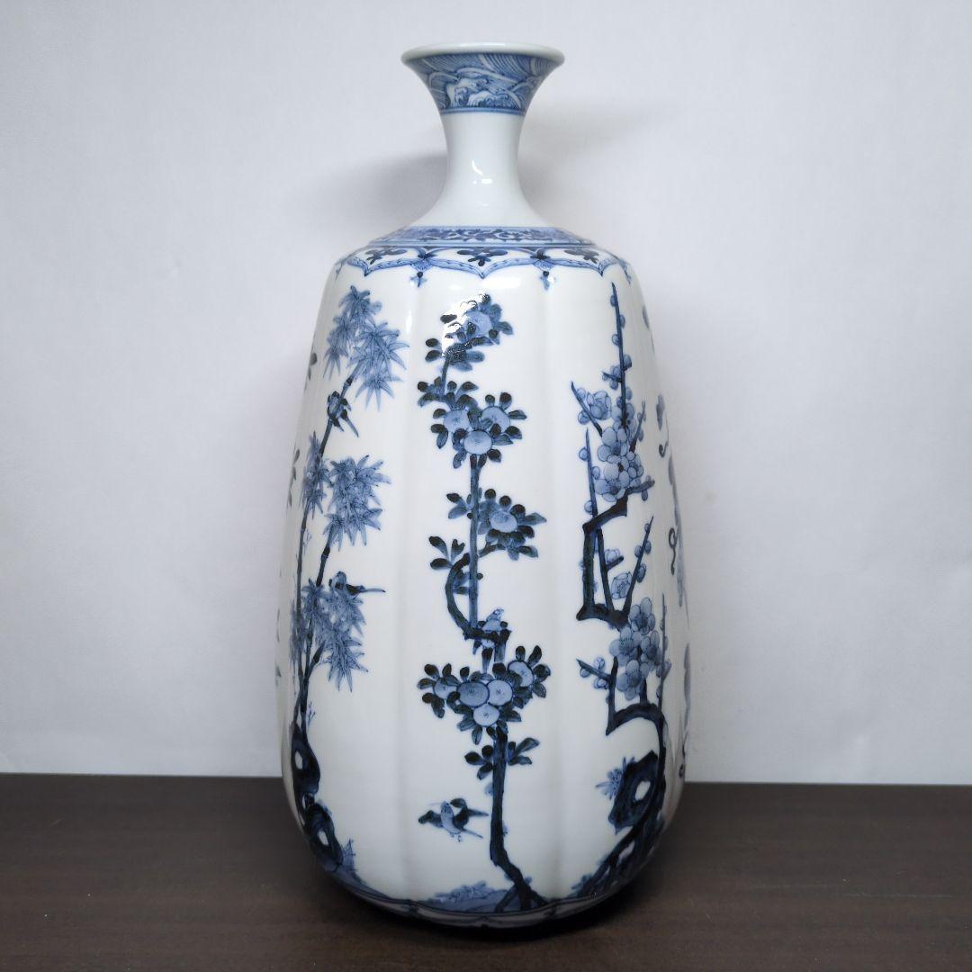 山本長左 作 九谷焼 青華 吉祥樹花紋 花瓶 「雅(みやび)」高さ約37cm