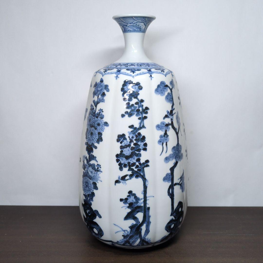 山本長左 作 九谷焼 青華 吉祥樹花紋 花瓶 「雅(みやび)」高さ約37cm