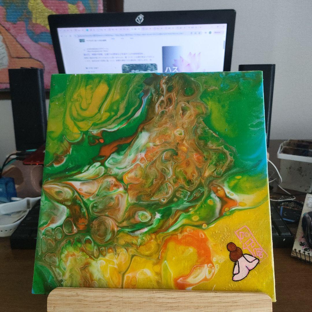 瞑想少女#流体 アクリル絵画 緑とオレンジの抽象