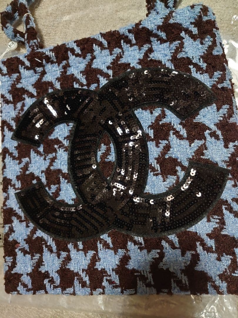 シャネル CHANEL 　ノベルティ　千鳥柄ブルー スカラースパンコール　トート