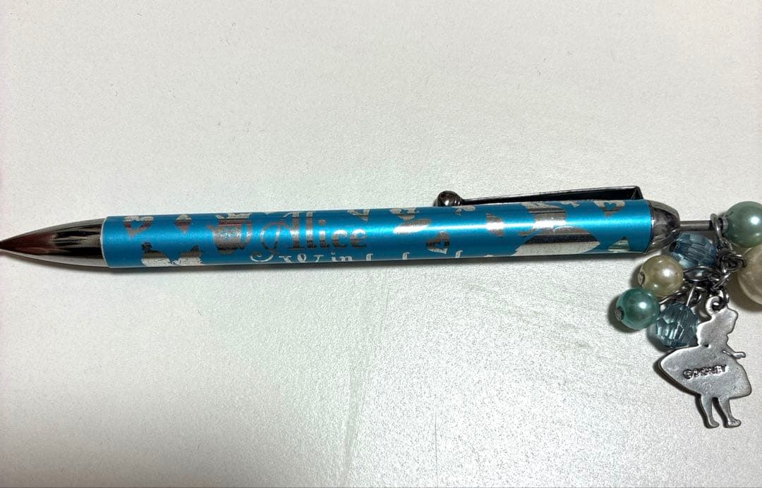 青色シャープペンシル チャーム付き　パール　不思議の国のアリス　レトロ　レア