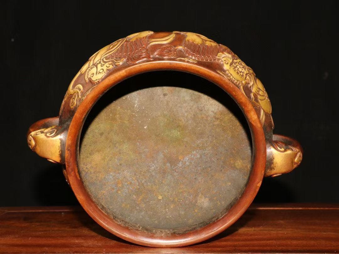 旧家珍蔵 大明宣徳紫銅純銅製塗真金 財獅子香炉 供養 文化財　時代物　開運厄除け