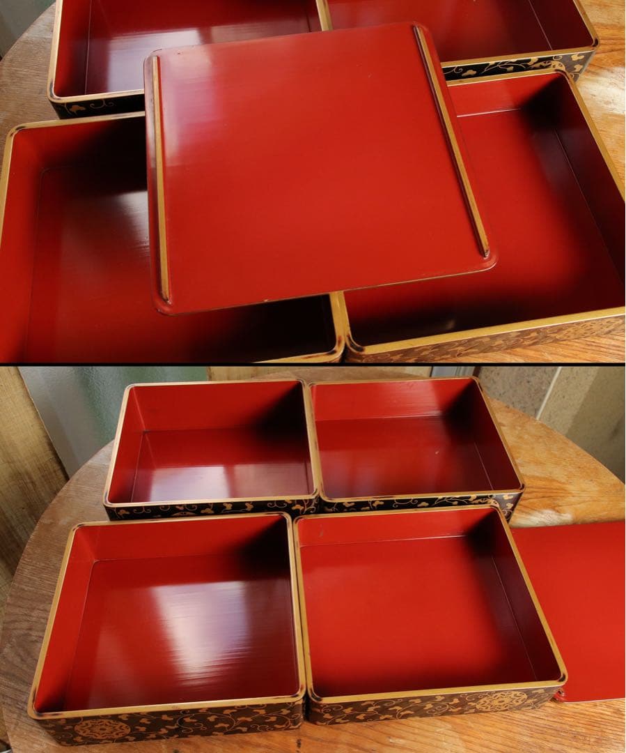 井上鷹の羽家紋　野弁当一式　時代漆芸　漆塗　金蒔絵　唐草　木製　提重