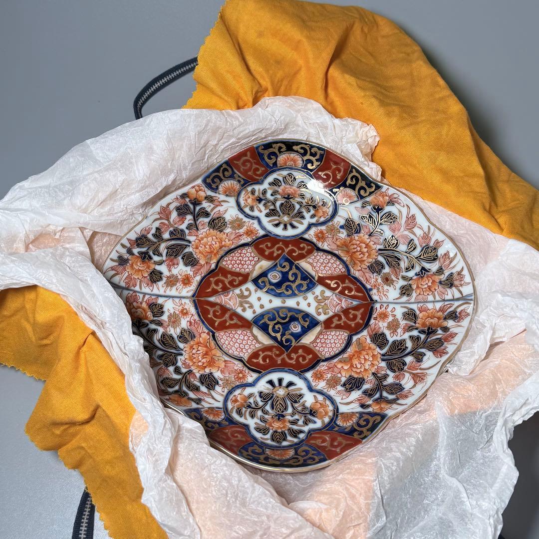 明治後期　オールド香蘭社　染錦牡丹文菱形皿　桐箱付　絢爛豪華　アンティーク食器