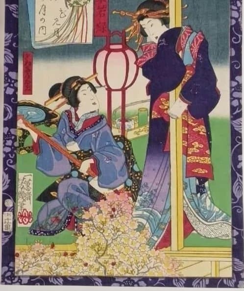 浮世絵版画、よし原十二月の内花見月落合芳幾画、明治2年（1869)出版