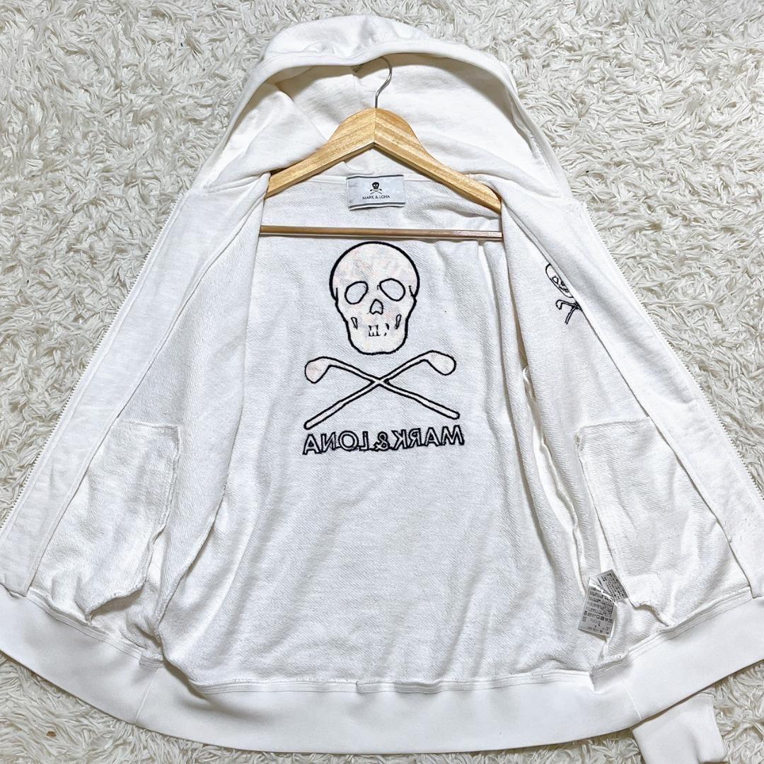 現行 MARK & LONA ホワイトパーカー フーディー S ドクロ