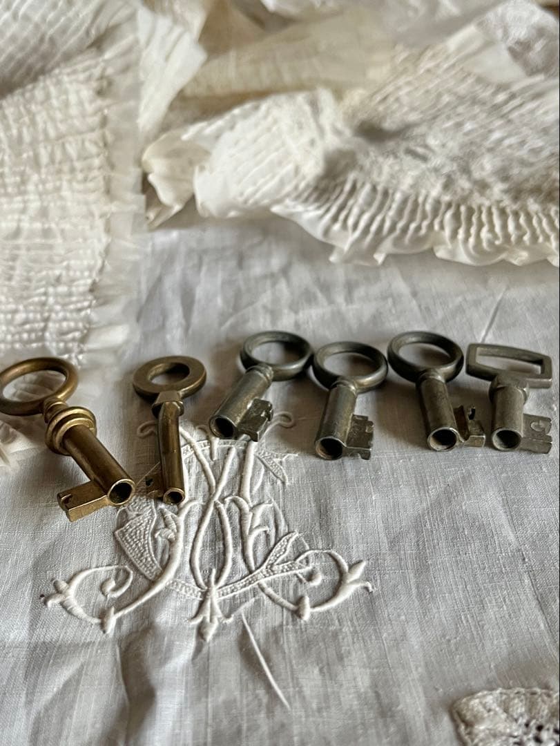◆フランスアンティーク｜小さい鍵セットミニサイズシンプル輪っかペンダント幸運