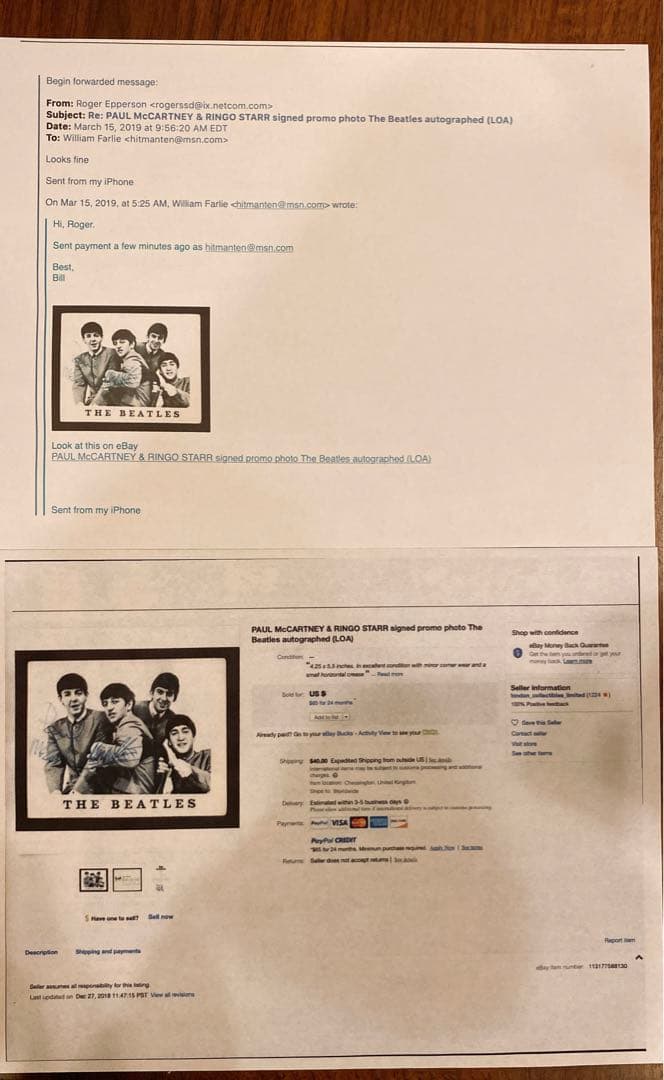 ビートルズ  ポール・マッカートニー＆リンゴ・スター直筆サイン入り　鑑定書付