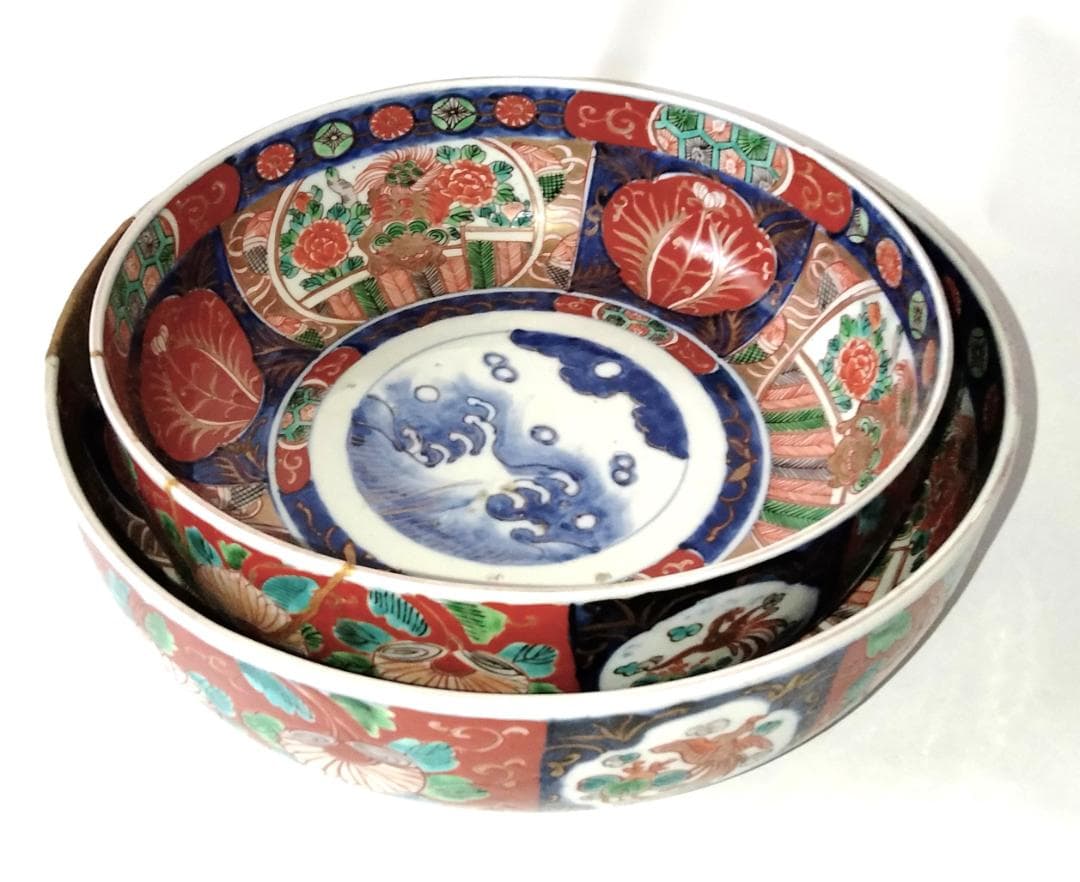 陶器 大深鉢(小) 荒波に獅子・牡丹・鳳凰 色絵 二重鉢揃い Ab-319