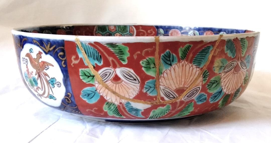 陶器 大深鉢(小) 荒波に獅子・牡丹・鳳凰 色絵 二重鉢揃い Ab-319