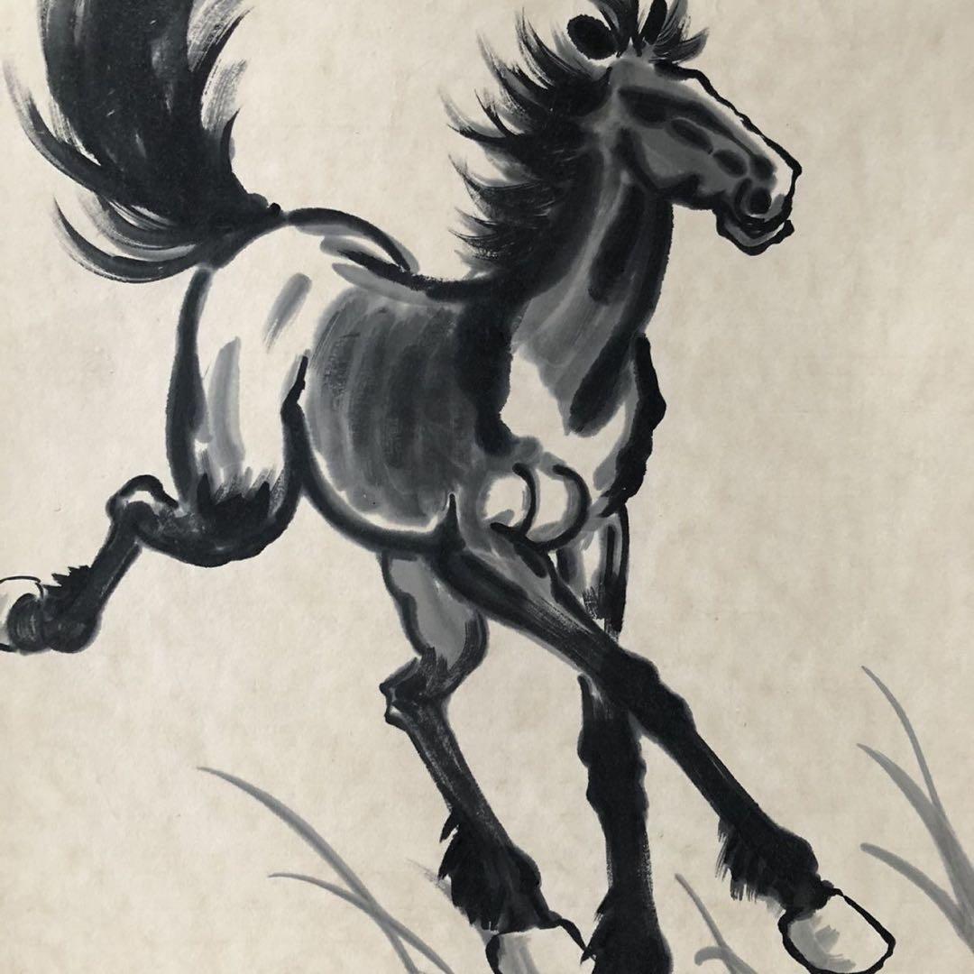 中国美術 掛け軸 徐悲鸿風 馬図 手描き 水墨画 三尺 雑誌付き 床の間
