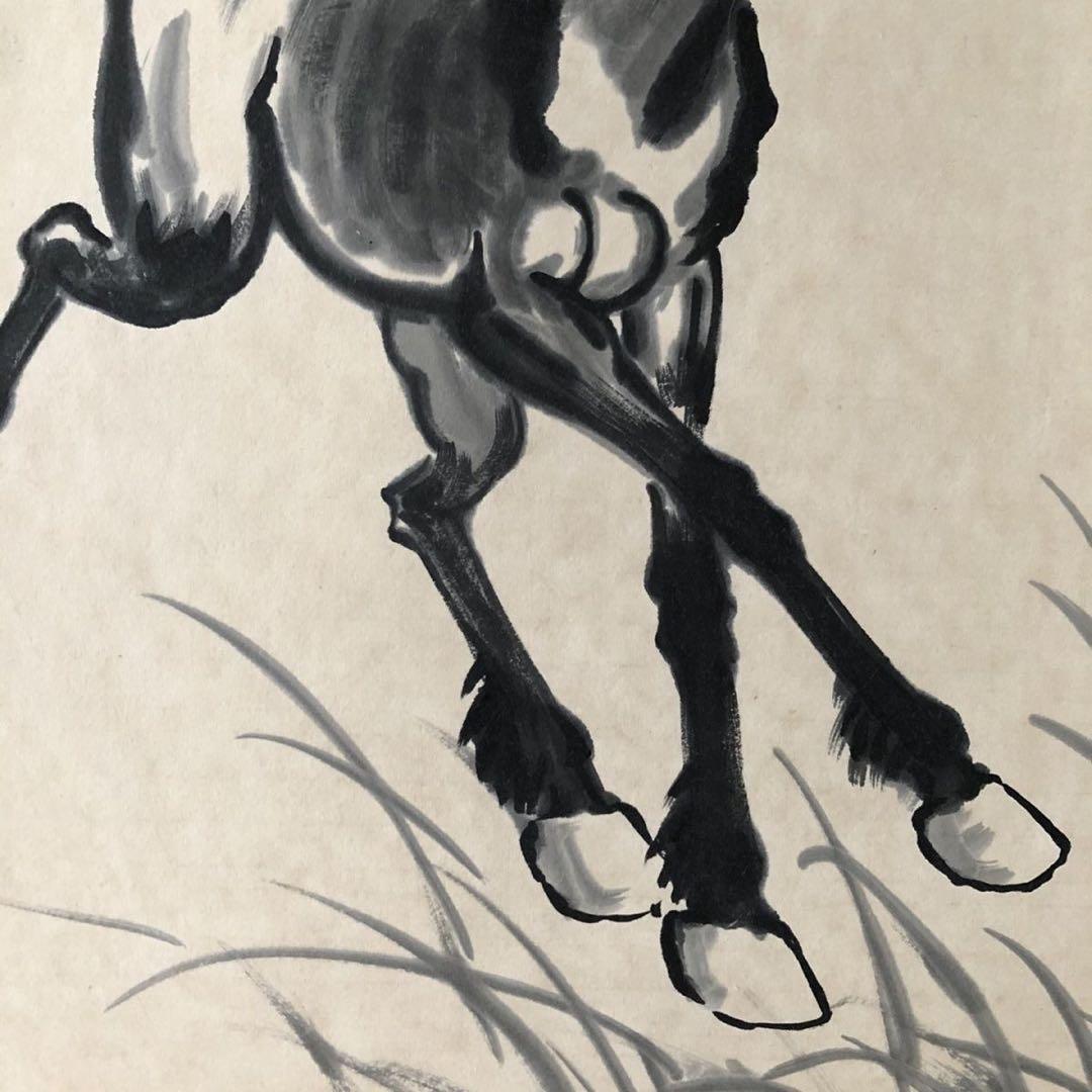 中国美術 掛け軸 徐悲鸿風 馬図 手描き 水墨画 三尺 雑誌付き 床の間