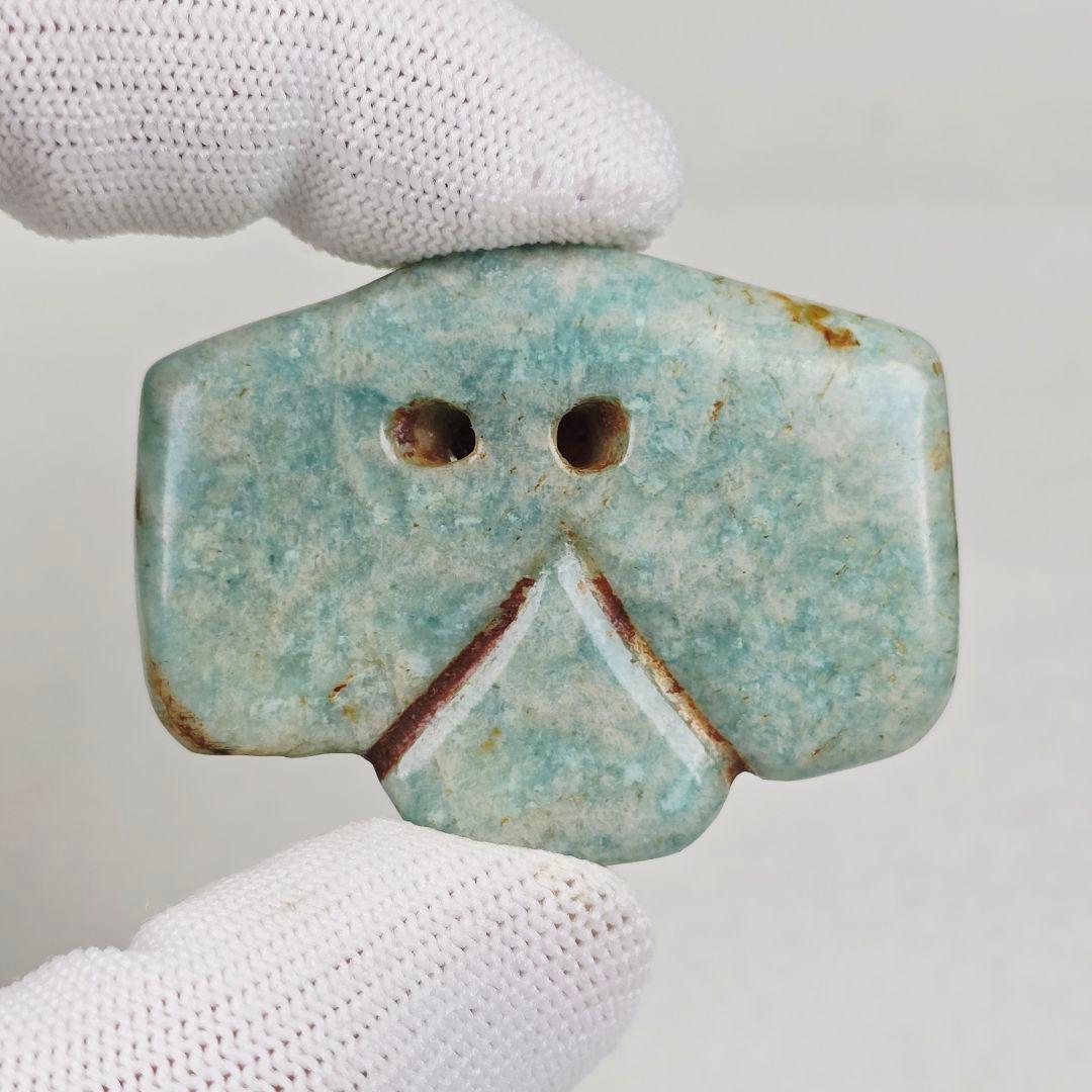 超希少古石器 本物天河石（アマゾン石）手彫 紅山文化玉鴞 玉鷹 根付 通霊玉礼器