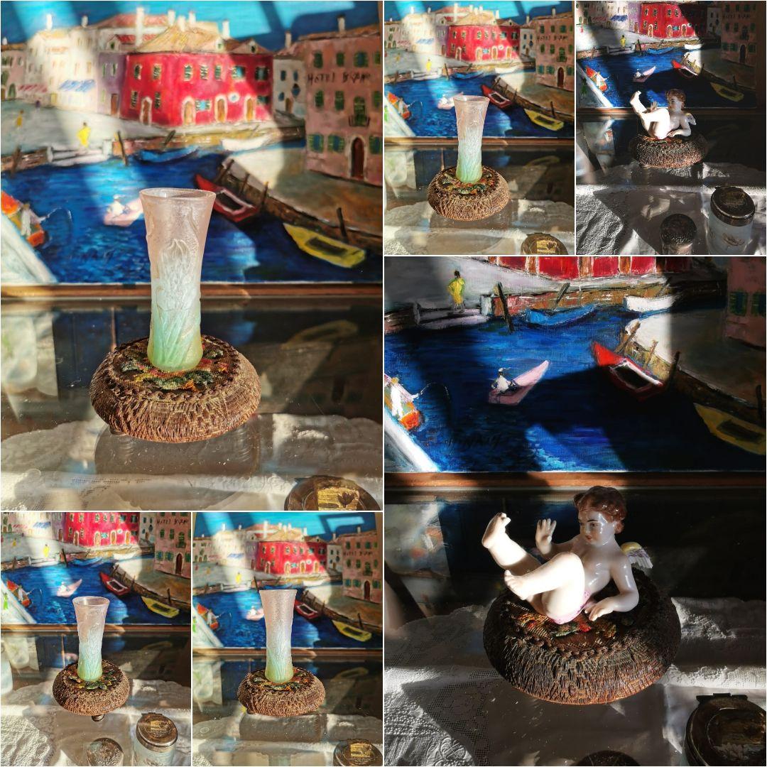 アンティーク 金属スレッド＆ニードルポイントワーク 針山型 木製ディスプレイ台