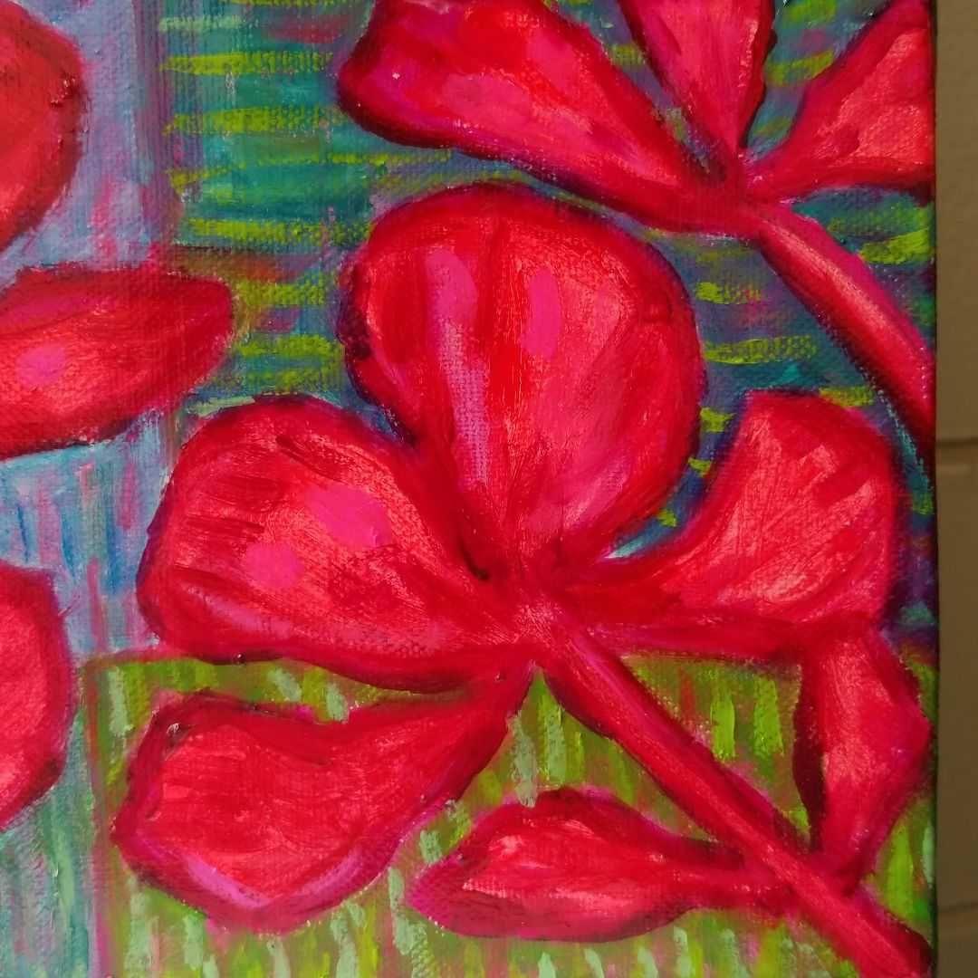 油絵　専用　赤い鳥の家族と赤い花