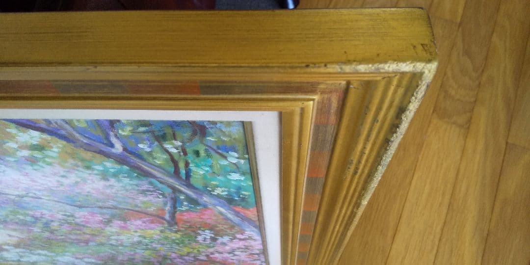 絵画 油絵 ワベ・シゲヨシ 春の花　真作保証　油彩画　桜　スプリング