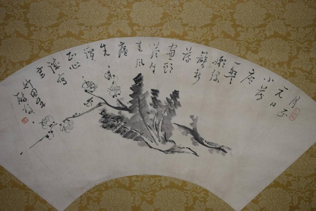 模写/田能村竹田/扇面/梅花蕪画賛/カブ/絹表装/布袋屋掛軸HF-733