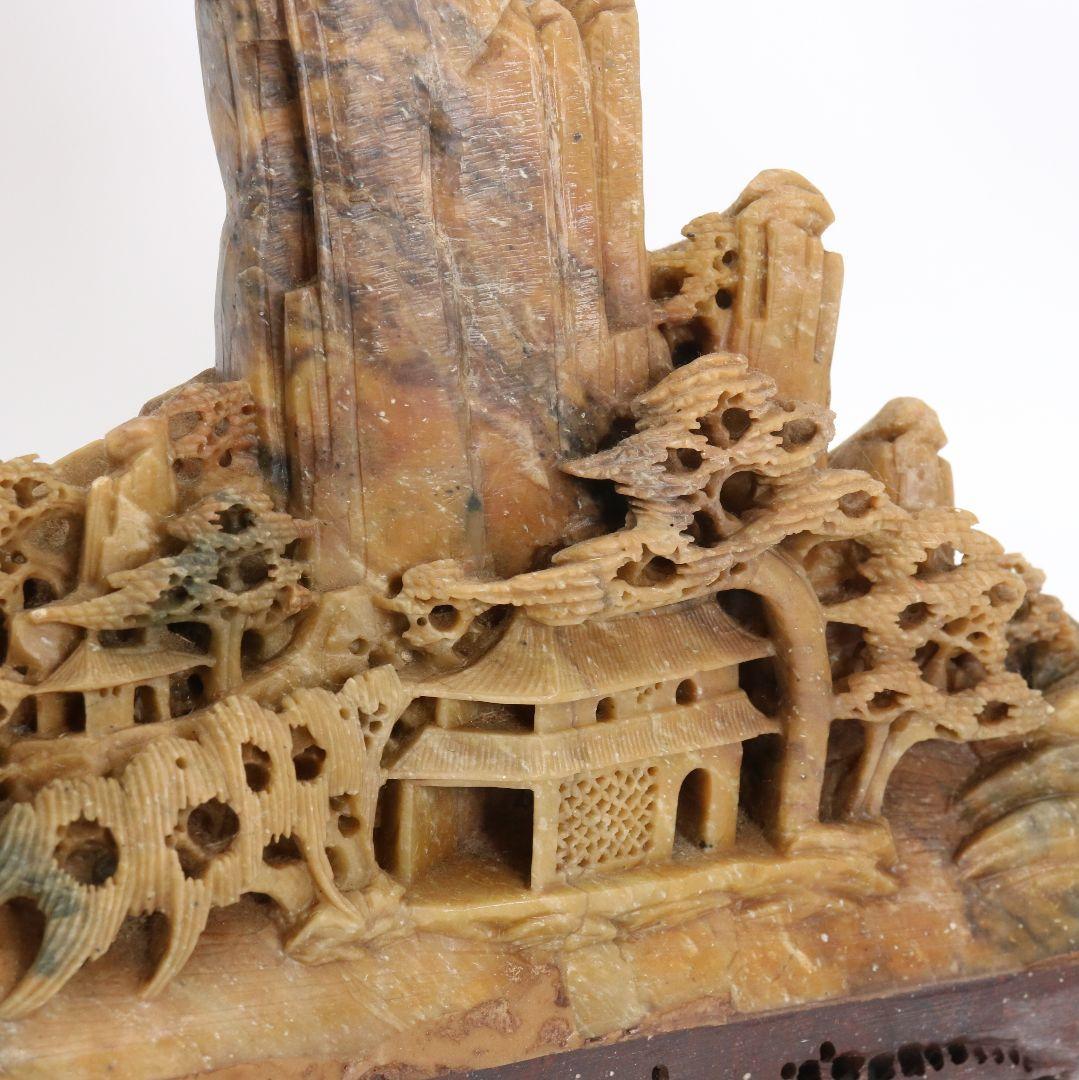 玉石蝋石青田石 楼閣山水雕 中国 床飾 置物　V201