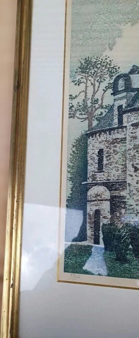 岡鹿之助　木版画　 城の風景画 　加藤版画研究所　サイン入り