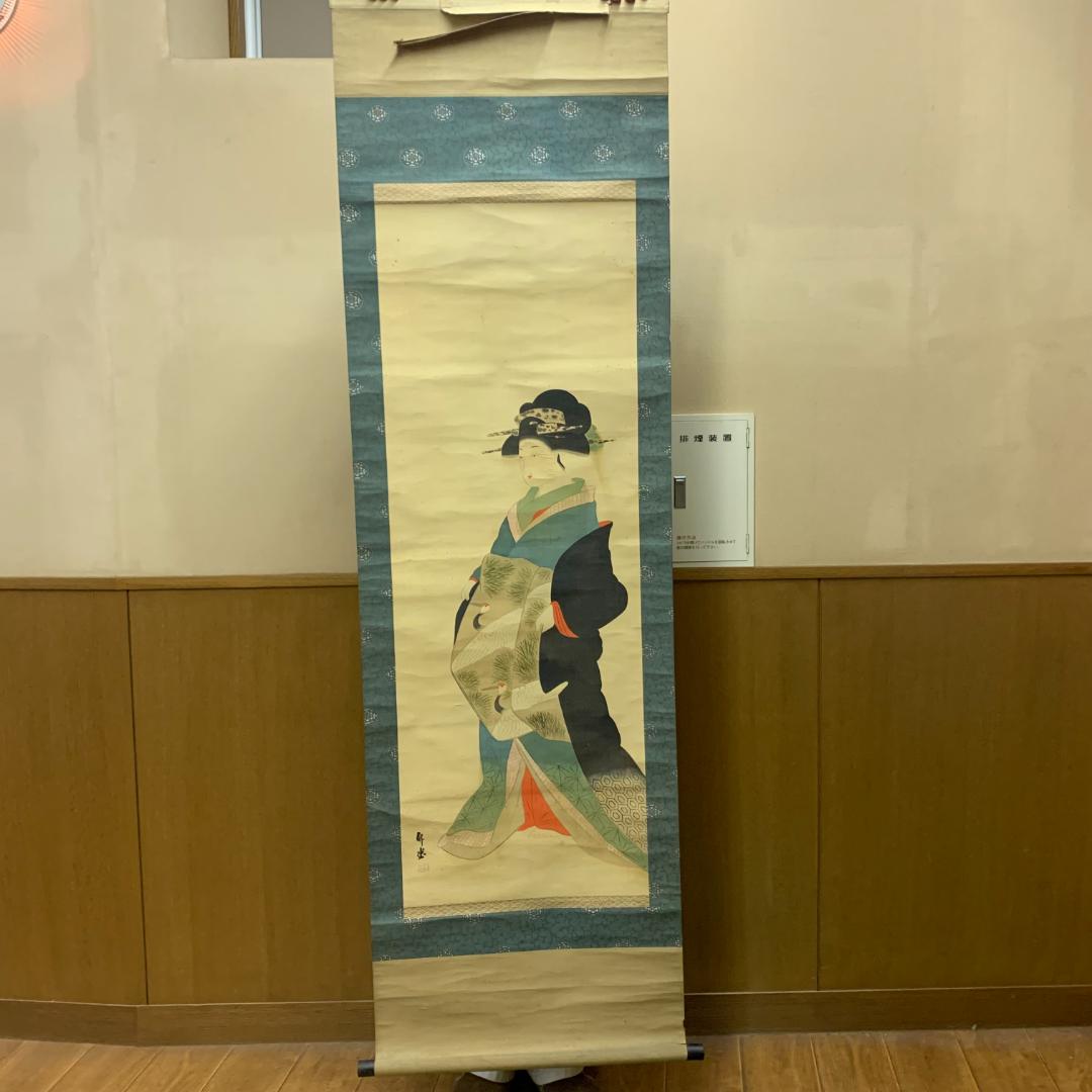 掛軸 竹堂? 立姿美人図 立美人図 浮世絵 美人画 日本画 絹本 落款