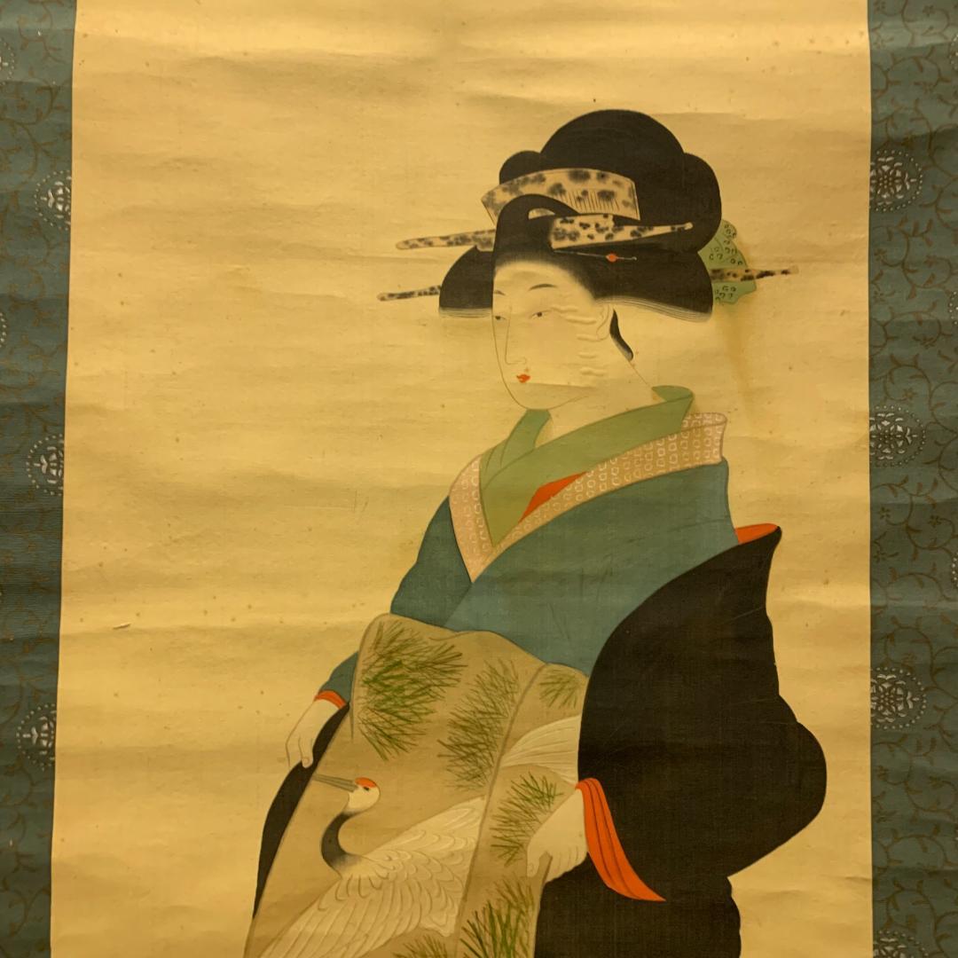 掛軸 竹堂? 立姿美人図 立美人図 浮世絵 美人画 日本画 絹本 落款