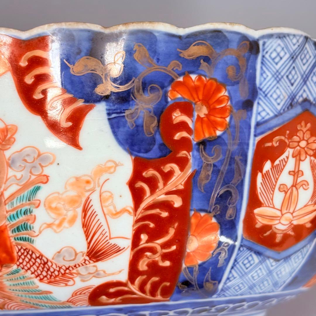 古伊万里　大聖寺伊万里　染錦三方龍仙人菊花型鉢　三ツ鉢揃い　黄仁覧図　特上品