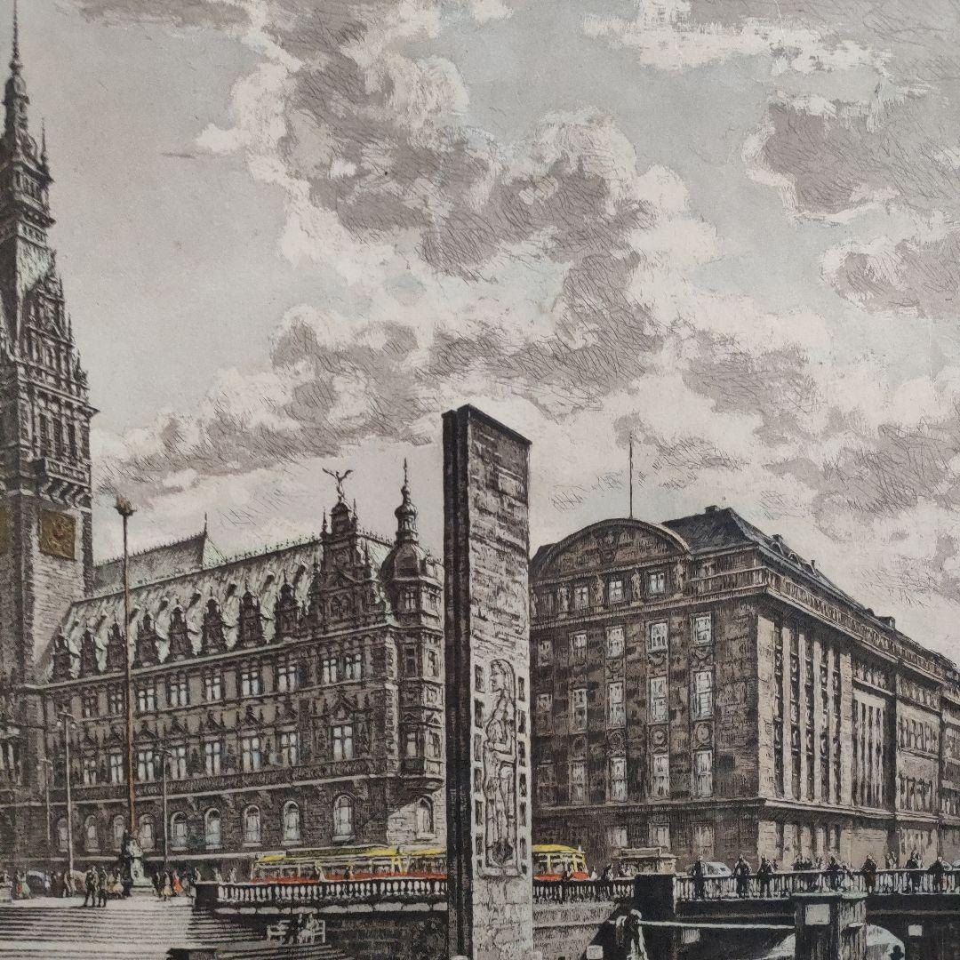 Adler Richard作エッチング『ハンブルク市庁舎とクライネ アルスター』
