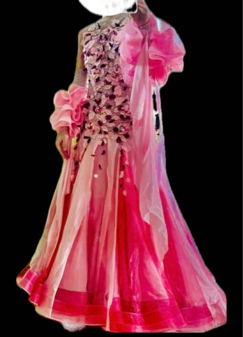 社交ダンスドレス 長袖 スタンダード ピンク フラワー装飾