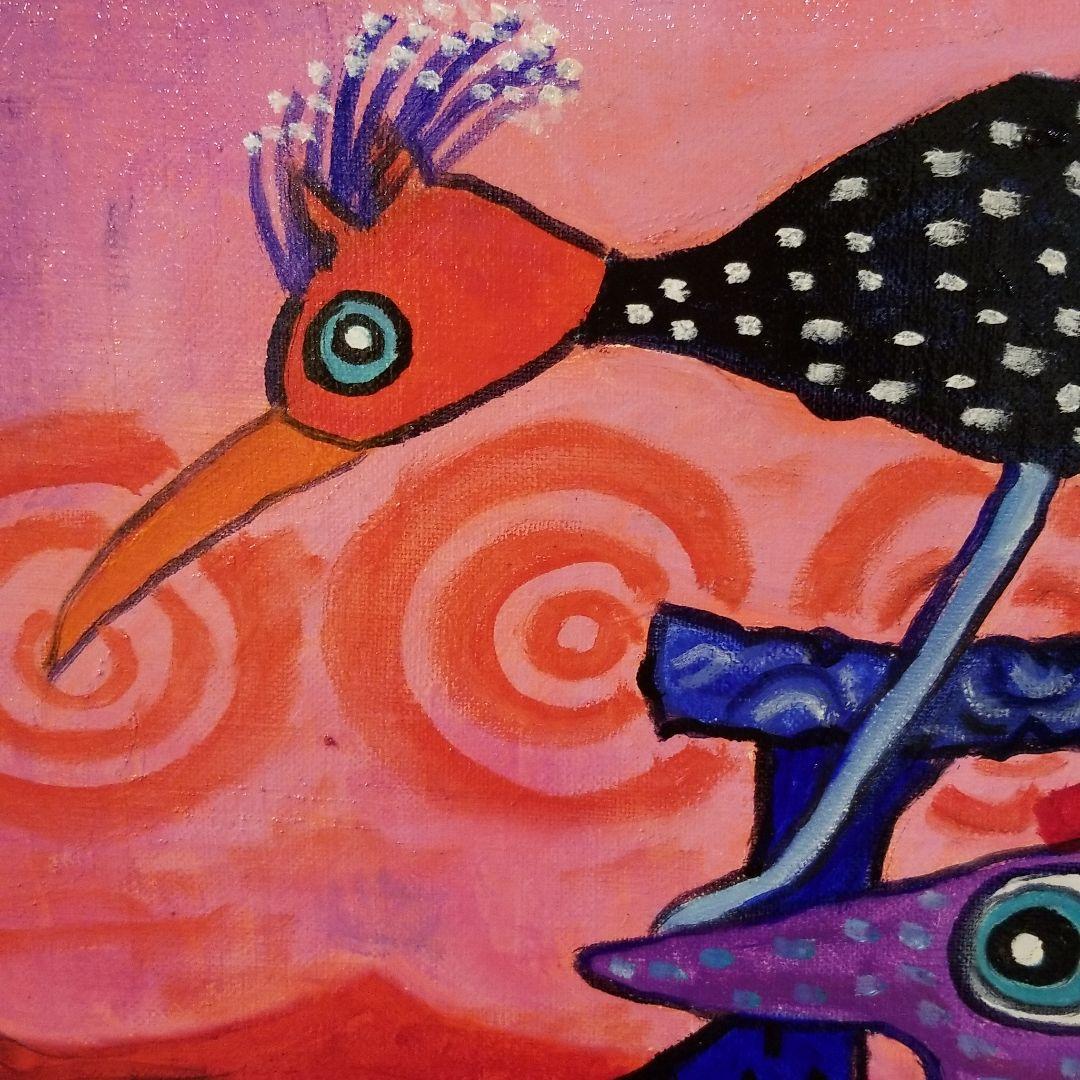 油絵　ロンロンロン　ドライブする鳥