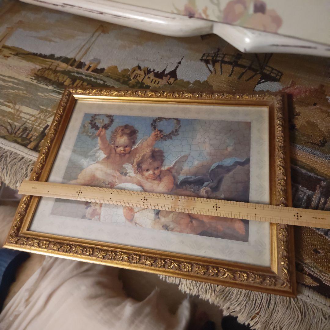 天使　額絵　イタリア製　宗教　ひび割れ風　アートポスター　金枠　彫刻　ゴールド