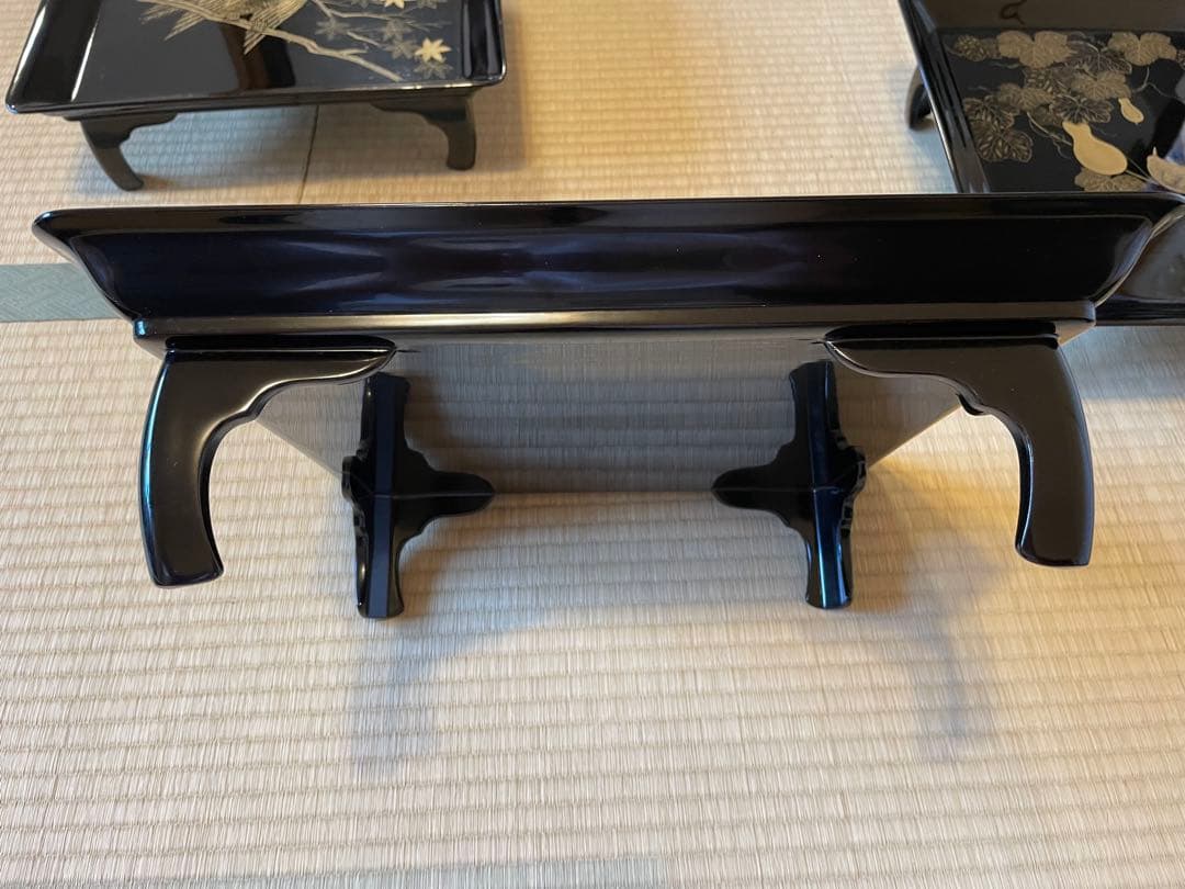 5点セット　脚付膳　お膳台　漆塗り　金　蒔絵　鳥　鷹　鶯　花　紅葉　もみじ　瓢箪