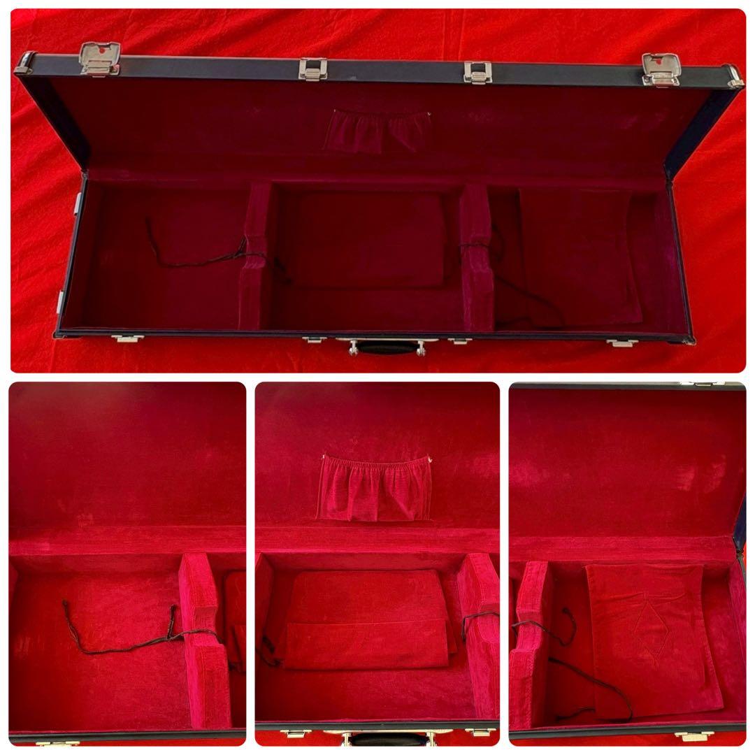 中棹 長唄三味線 紅木 金細 三つ折り 子持ち綾杉胴 犬皮 両面 ハードケース付