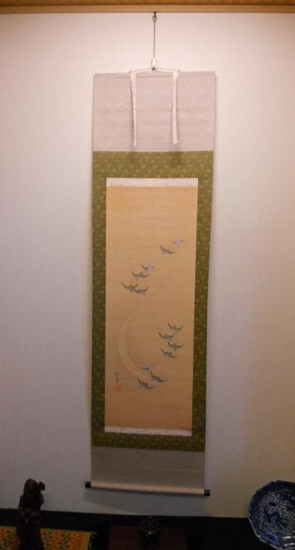 ぽん掛け軸 酒井抱一 三日月千鳥 絹本 名品 複製 希少軸装茶道具掛軸美品