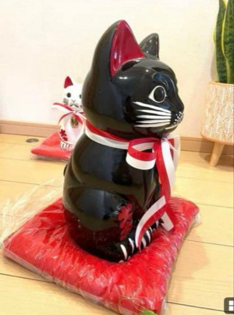 ガチレトロ　レア物 新品時物　黒猫 招き猫　清風作 最高級陶磁器　縁起物