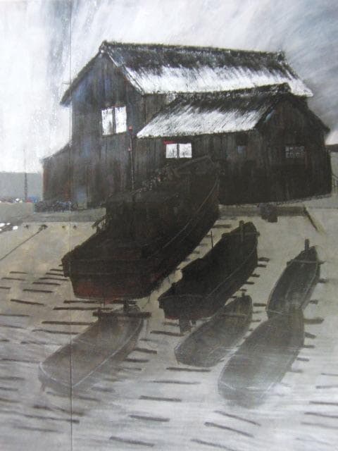 中根強司、【北の漁港】、希少な額装用画集より、状態良好、新品額装付