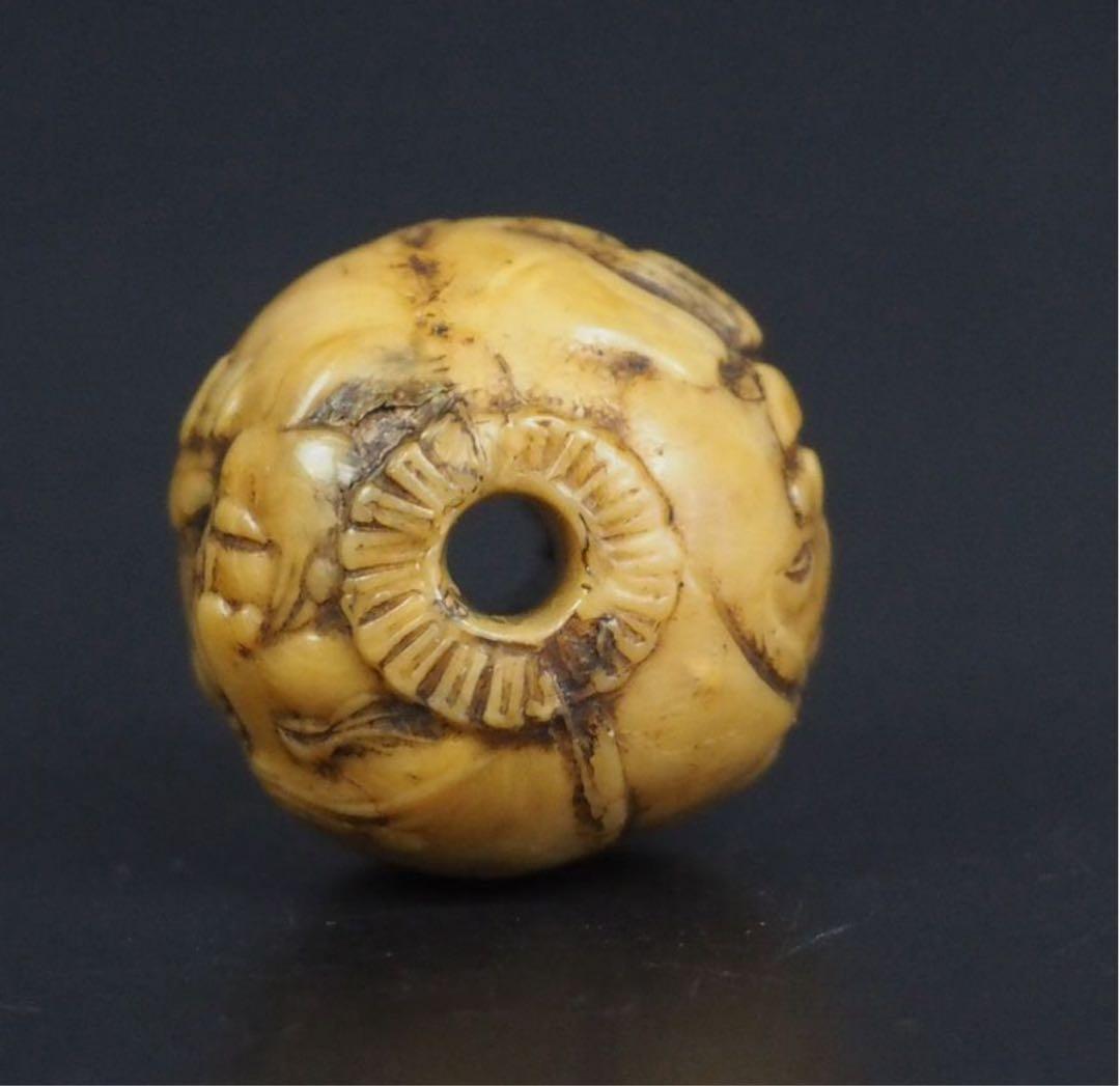 送料無料　江戸時代　鬼面細密彫　緒締玉　　径1.8cm 重4g検/提げ物緒締玉根