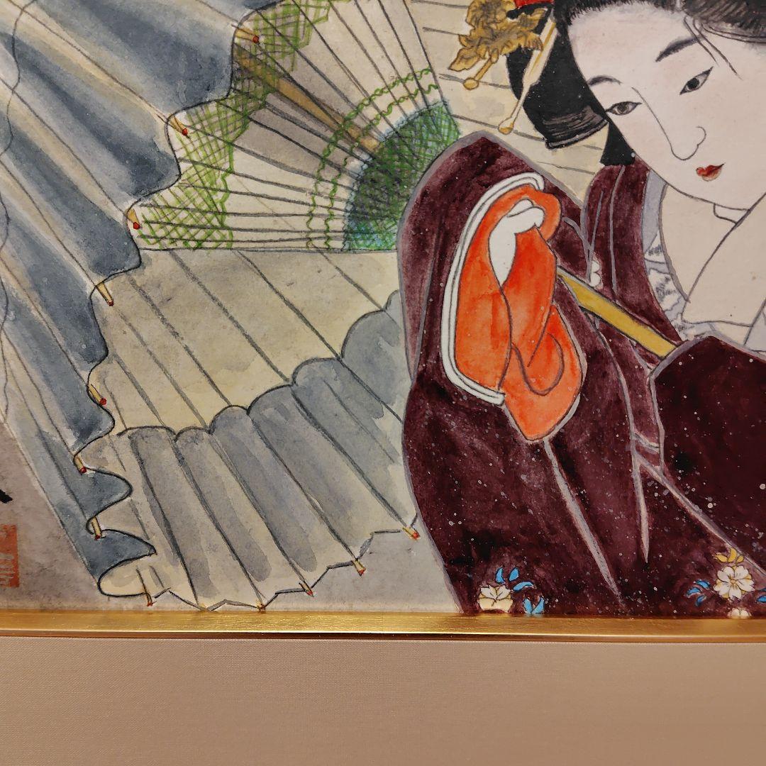 日本画　傘を差す女性画　額縁【銘入り】