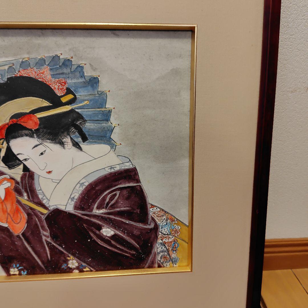 日本画　傘を差す女性画　額縁【銘入り】