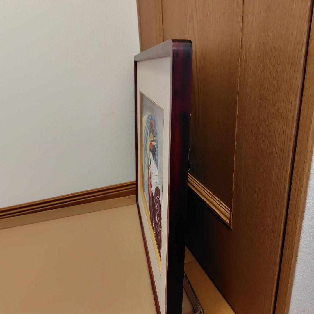 日本画　傘を差す女性画　額縁【銘入り】