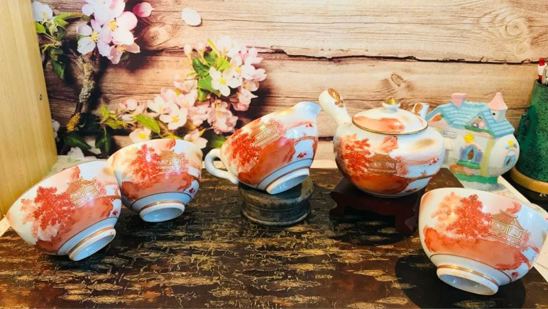 稀少 時代古物 古九谷 赤絵 金彩山水閣楼紋 煎茶器 急須/煎茶碗/湯冷 5点