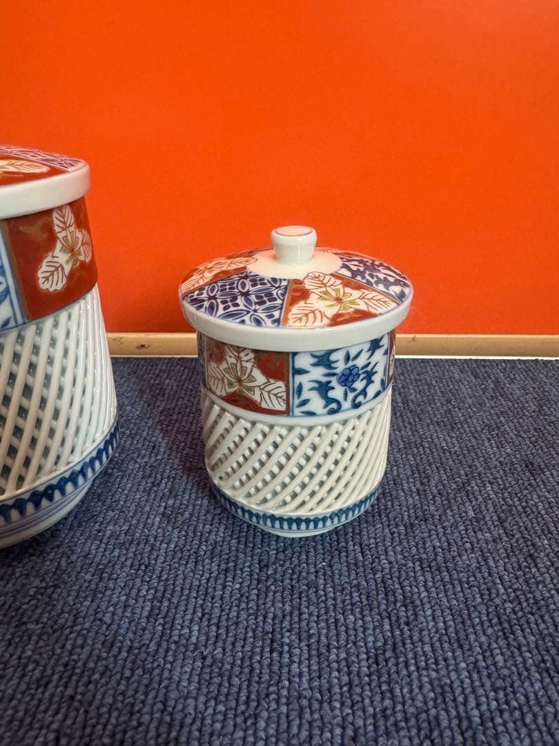 1978 有田焼　西浦琴峰作　白磁篭目焼　湯呑　2客　未使用