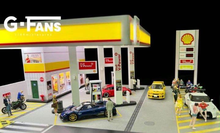 ◉1/64ジオラマ2点セット【シェルGS➕日産ショールーム】（LED付）《新品》